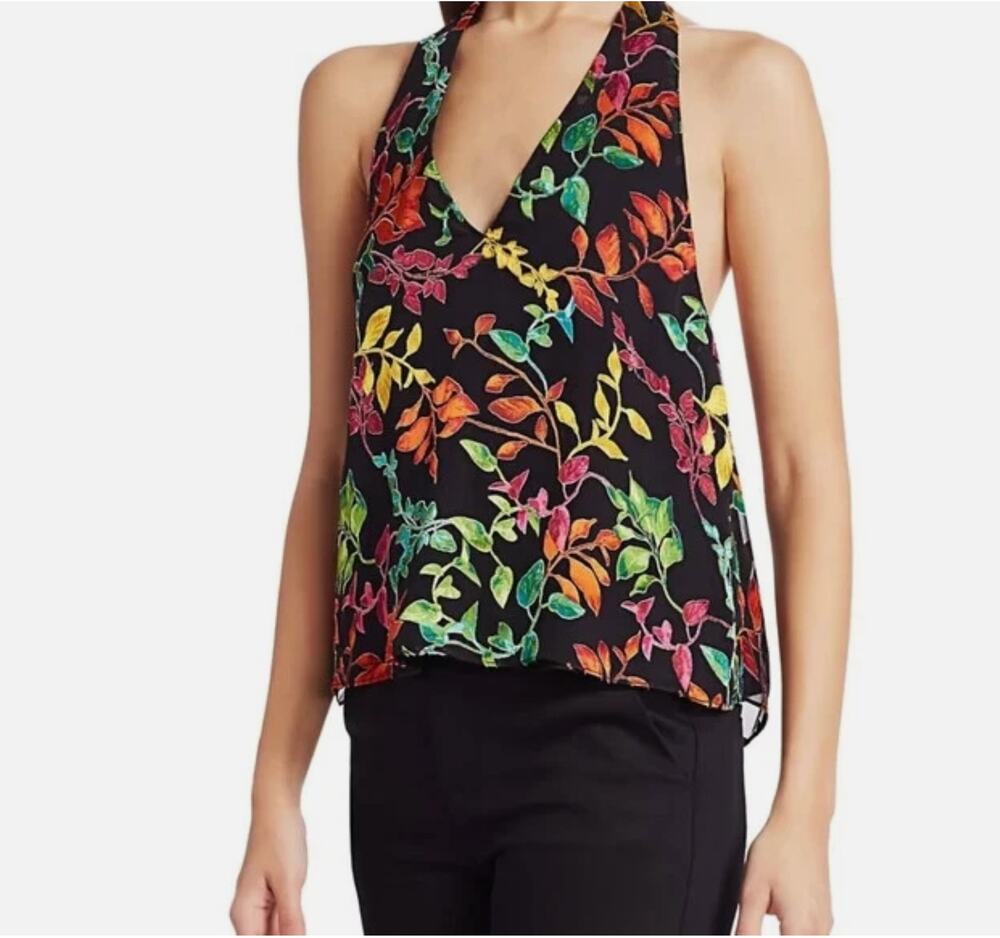 Alice + Olivia Maris Leaf Velvet Silk Burnout Floral Halter Top Black XS